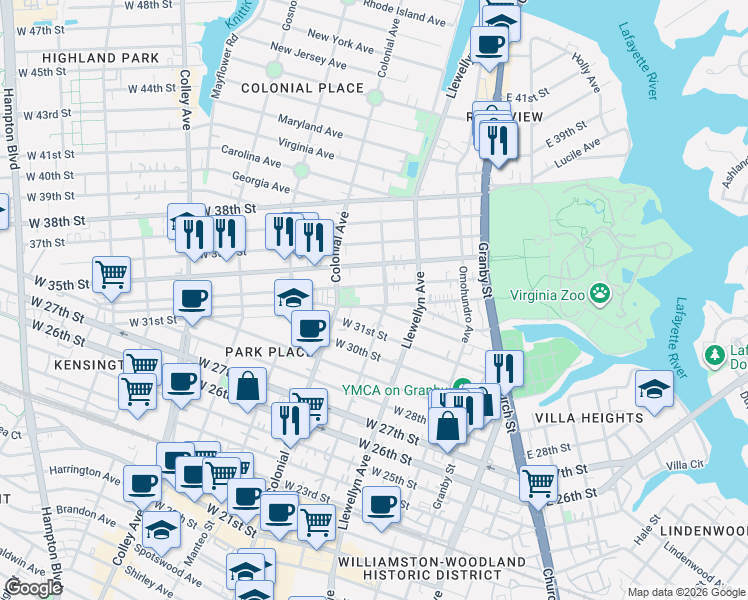 map of restaurants, bars, coffee shops, grocery stores, and more near 413 West 34th Street in Norfolk