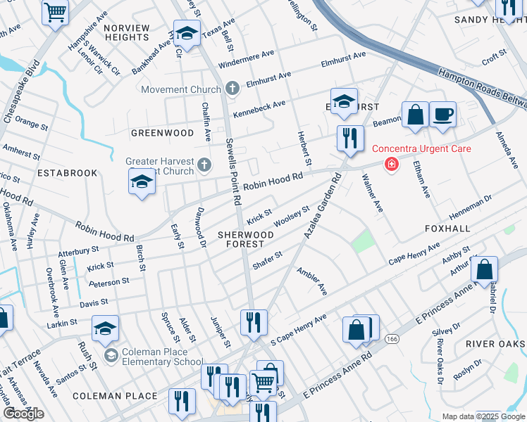 map of restaurants, bars, coffee shops, grocery stores, and more near 4926 Krick Street in Norfolk