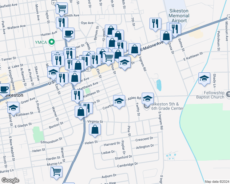 map of restaurants, bars, coffee shops, grocery stores, and more near 822 East Gladys Street in Sikeston