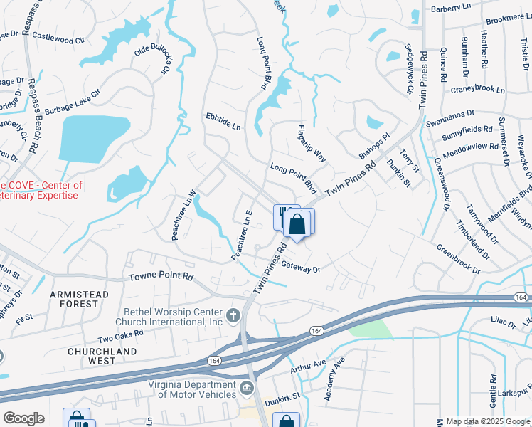 map of restaurants, bars, coffee shops, grocery stores, and more near 3858 Sugar Creek Circle in Portsmouth
