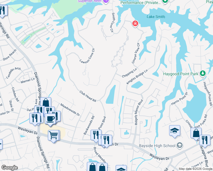 map of restaurants, bars, coffee shops, grocery stores, and more near 5240 Club Head Road in Virginia Beach