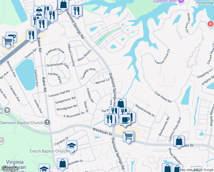 map of restaurants, bars, coffee shops, grocery stores, and more near 5513 Merner Lane in Virginia Beach