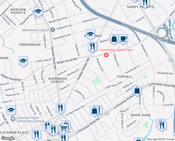 map of restaurants, bars, coffee shops, grocery stores, and more near 2553 Woolsey Street in Norfolk