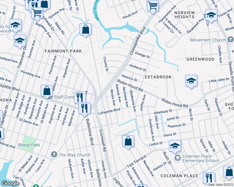 map of restaurants, bars, coffee shops, grocery stores, and more near 3301 Kansas Avenue in Norfolk