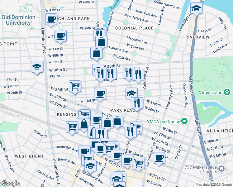 map of restaurants, bars, coffee shops, grocery stores, and more near 706 West 34th Street in Norfolk