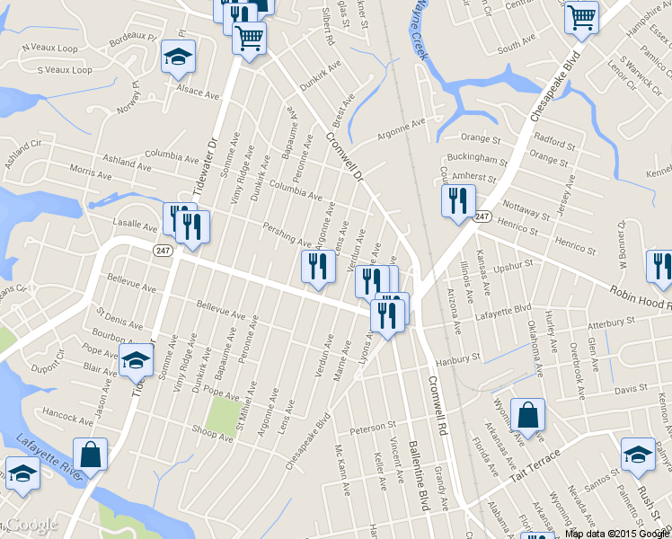 map of restaurants, bars, coffee shops, grocery stores, and more near 3241 Verdun Avenue in Norfolk