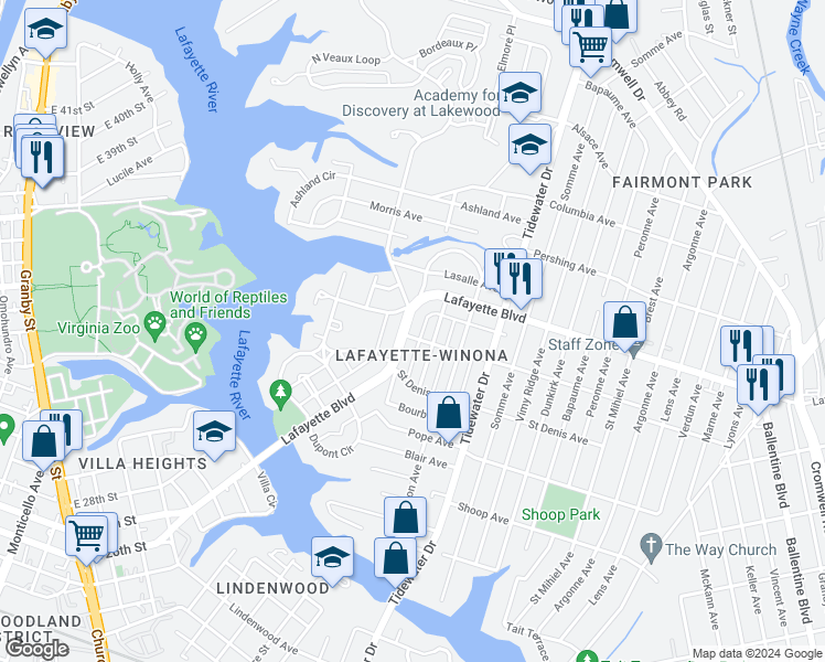 map of restaurants, bars, coffee shops, grocery stores, and more near 1603 Lafayette Boulevard in Norfolk