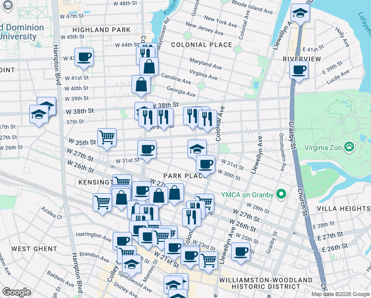 map of restaurants, bars, coffee shops, grocery stores, and more near 622 West 34th Street in Norfolk