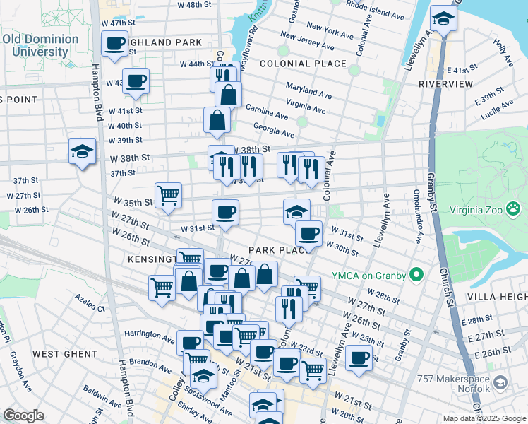 map of restaurants, bars, coffee shops, grocery stores, and more near 706 West 34th Street in Norfolk