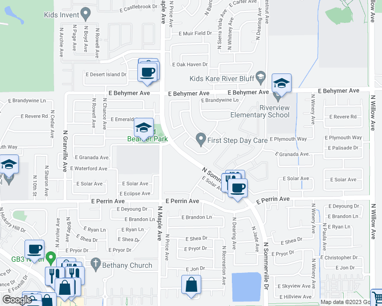 map of restaurants, bars, coffee shops, grocery stores, and more near 9713 North Price Avenue in Fresno