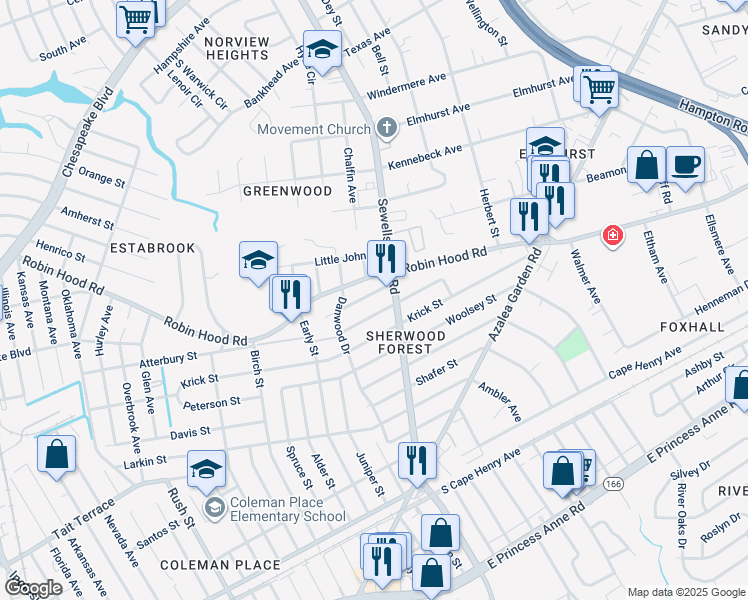map of restaurants, bars, coffee shops, grocery stores, and more near 4719 Robin Hood Road in Norfolk