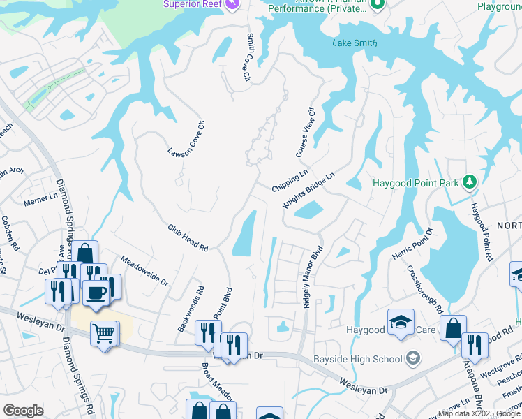 map of restaurants, bars, coffee shops, grocery stores, and more near 1125 Pond Cypress Drive in Virginia Beach