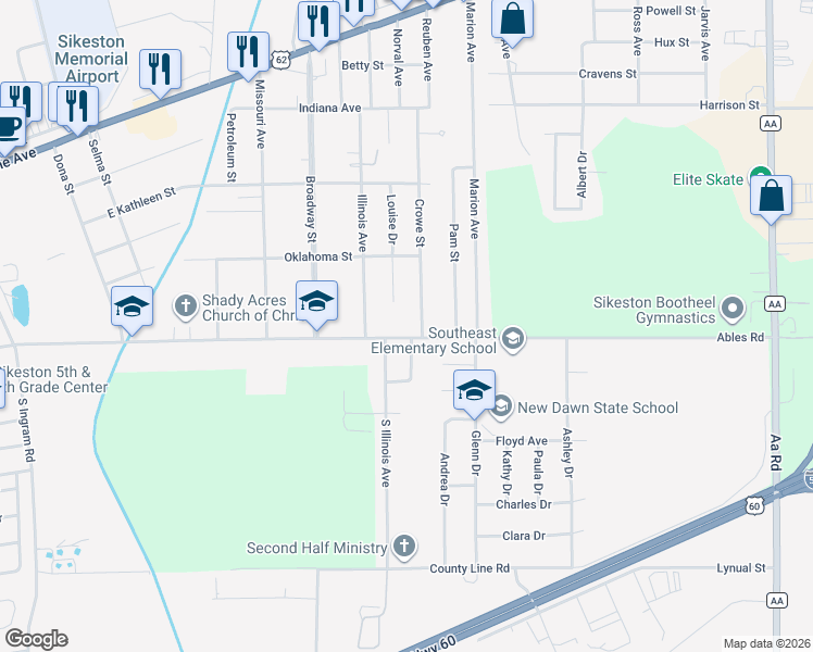 map of restaurants, bars, coffee shops, grocery stores, and more near 417 Louise Drive in Sikeston