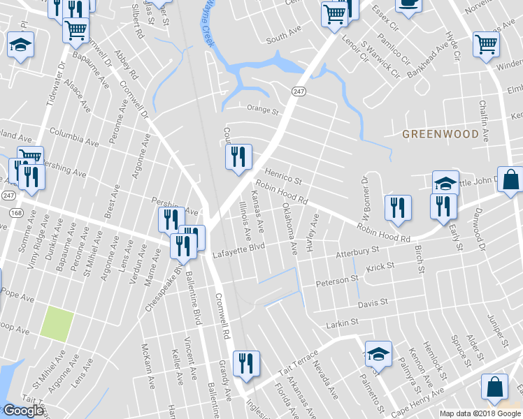 map of restaurants, bars, coffee shops, grocery stores, and more near 3300 Kansas Avenue in Norfolk