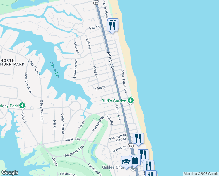 map of restaurants, bars, coffee shops, grocery stores, and more near 204 50th Street in Virginia Beach