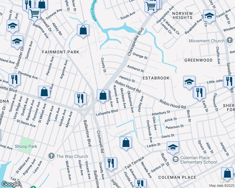 map of restaurants, bars, coffee shops, grocery stores, and more near 3300 Kansas Avenue in Norfolk