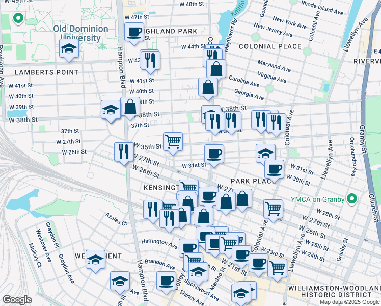 map of restaurants, bars, coffee shops, grocery stores, and more near 856 West 34th Street in Norfolk