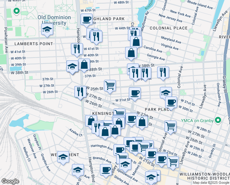 map of restaurants, bars, coffee shops, grocery stores, and more near 856 West 34th Street in Norfolk