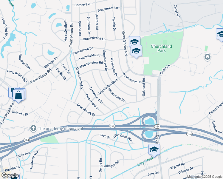 map of restaurants, bars, coffee shops, grocery stores, and more near 4037 Windymille Drive in Portsmouth