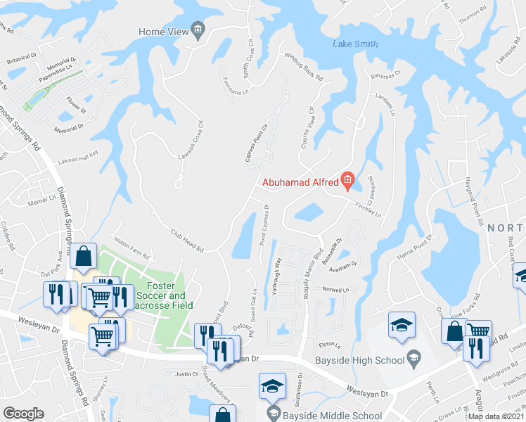 map of restaurants, bars, coffee shops, grocery stores, and more near 1125 Pond Cypress Drive in Virginia Beach