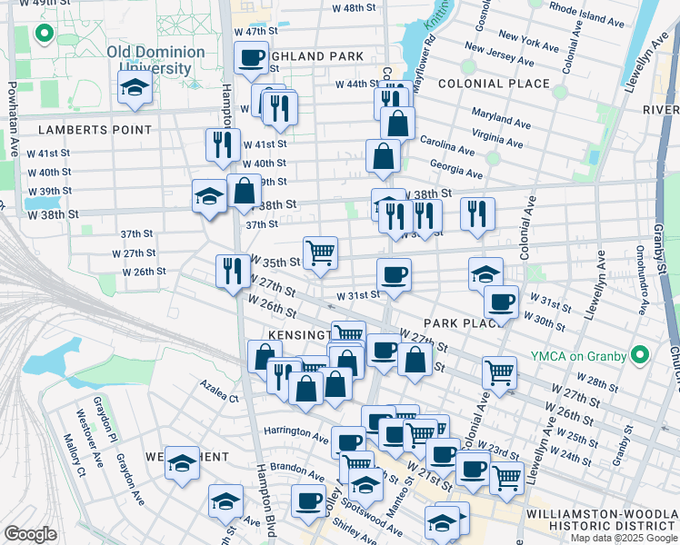 map of restaurants, bars, coffee shops, grocery stores, and more near 850 West 34th Street in Norfolk