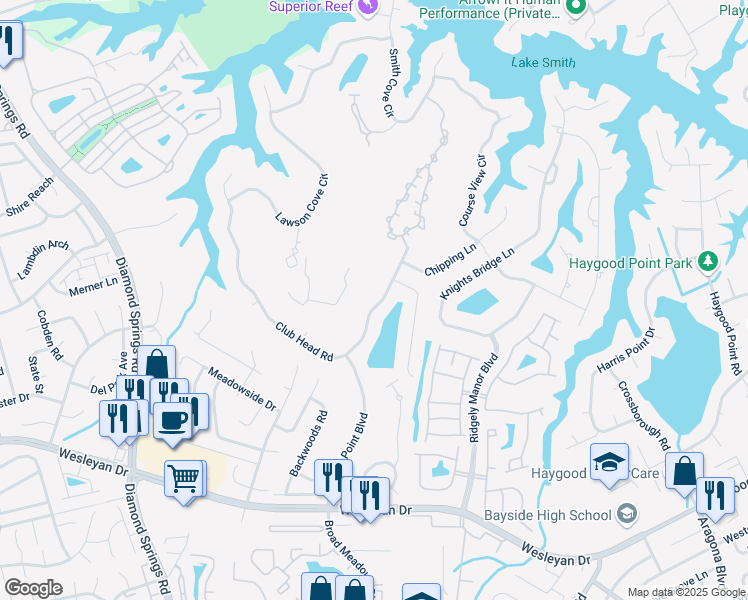 map of restaurants, bars, coffee shops, grocery stores, and more near 5252 Club Head Road in Virginia Beach