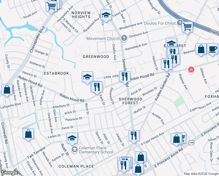map of restaurants, bars, coffee shops, grocery stores, and more near 4630 Robin Hood Road in Norfolk