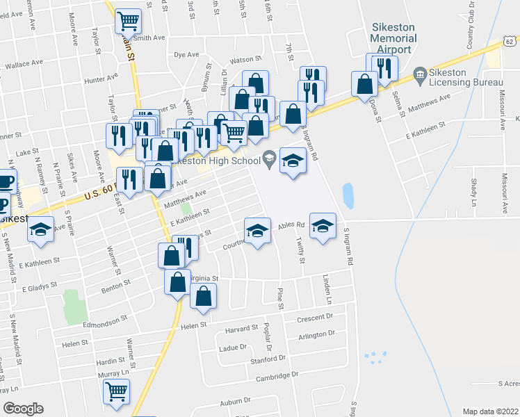 map of restaurants, bars, coffee shops, grocery stores, and more near 846 East Gladys Street in Sikeston