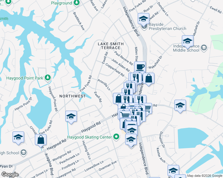 map of restaurants, bars, coffee shops, grocery stores, and more near 4636 Priscilla Lane in Virginia Beach