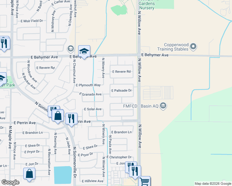 map of restaurants, bars, coffee shops, grocery stores, and more near 2828 East Palisade Drive in Fresno