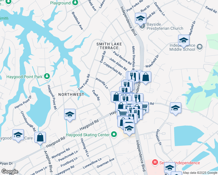 map of restaurants, bars, coffee shops, grocery stores, and more near 4636 Priscilla Lane in Virginia Beach