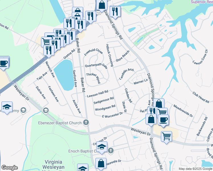 map of restaurants, bars, coffee shops, grocery stores, and more near 5589 Quarterpath Gate in Virginia Beach