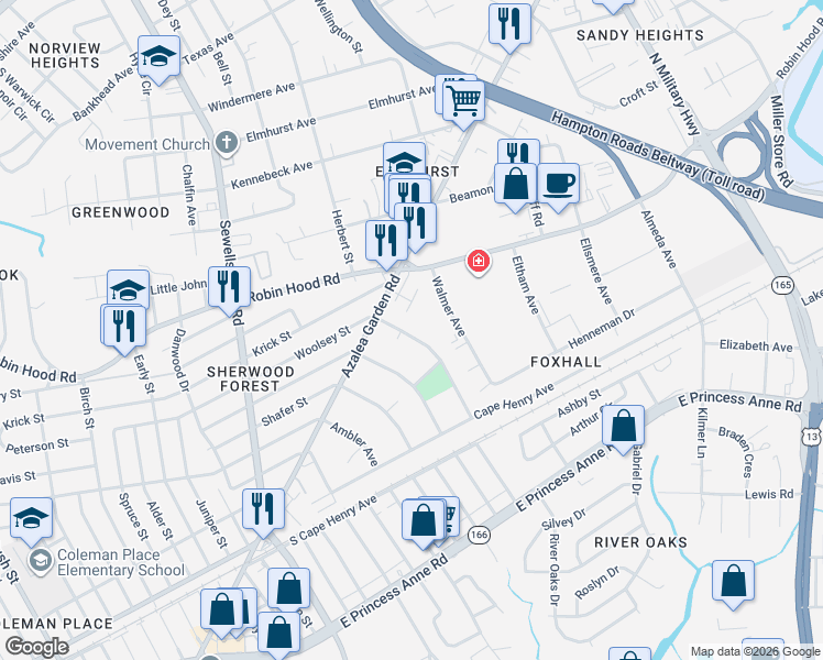 map of restaurants, bars, coffee shops, grocery stores, and more near 2552 Woolsey Street in Norfolk