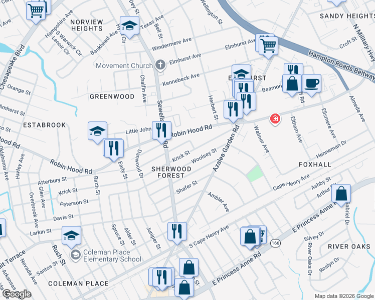 map of restaurants, bars, coffee shops, grocery stores, and more near 4931 Atterbury Street in Norfolk