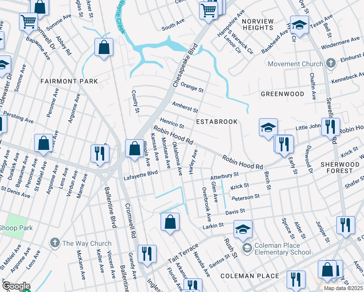 map of restaurants, bars, coffee shops, grocery stores, and more near 3673 Robin Hood Road in Norfolk
