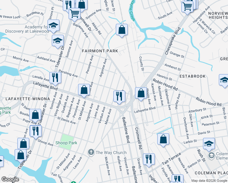 map of restaurants, bars, coffee shops, grocery stores, and more near 3302 Marne Avenue in Norfolk
