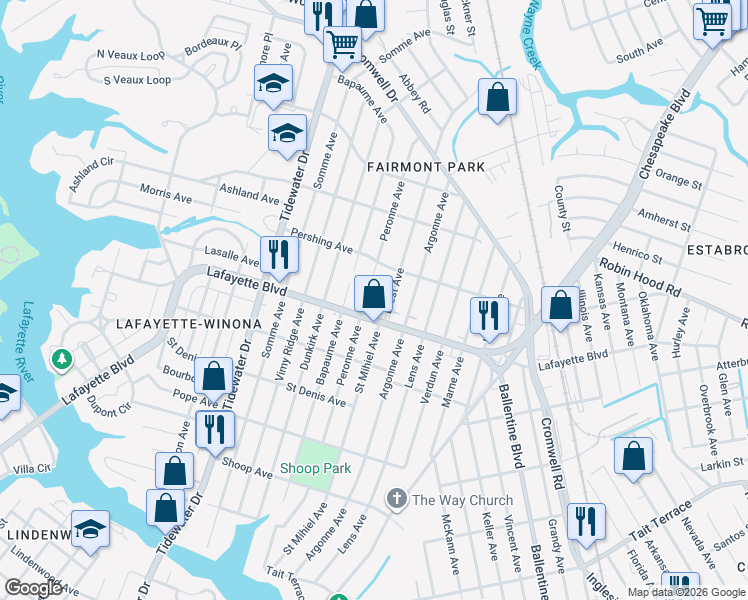 map of restaurants, bars, coffee shops, grocery stores, and more near 3223 Brest Avenue in Norfolk