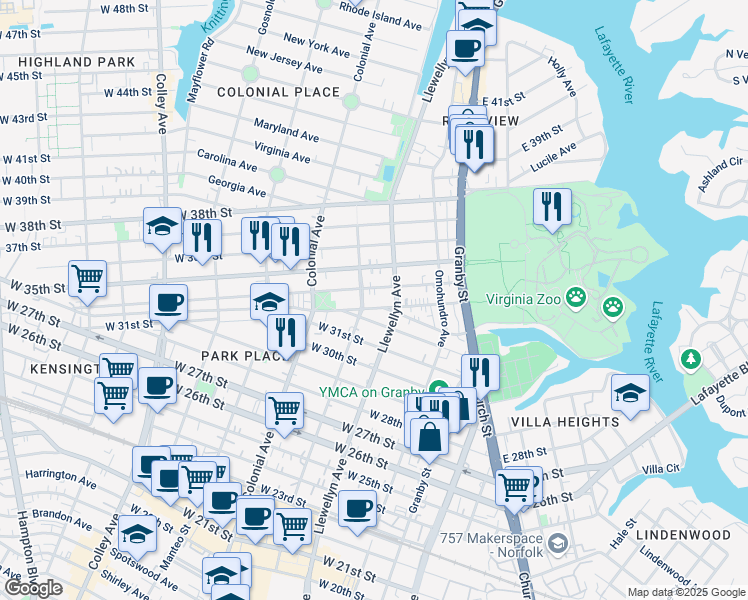 map of restaurants, bars, coffee shops, grocery stores, and more near 313 West 34th Street in Norfolk