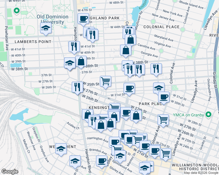 map of restaurants, bars, coffee shops, grocery stores, and more near 859 West 35th Street in Norfolk