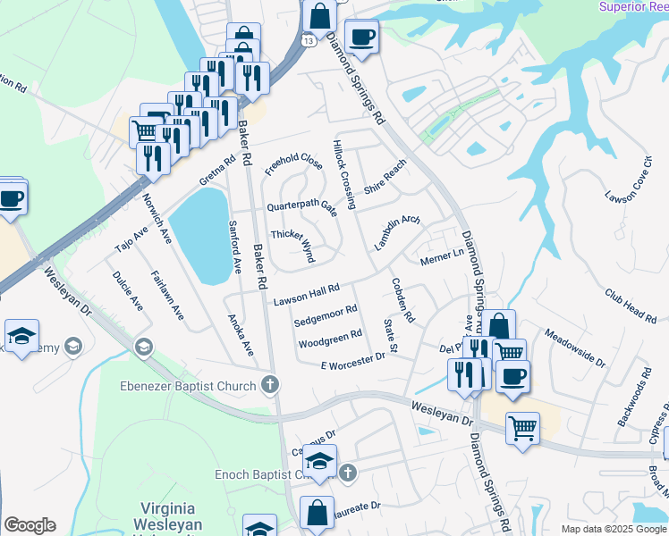 map of restaurants, bars, coffee shops, grocery stores, and more near 5589 Quarterpath Gate in Virginia Beach