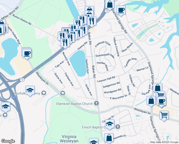 map of restaurants, bars, coffee shops, grocery stores, and more near 1056 Sanford Avenue in Virginia Beach