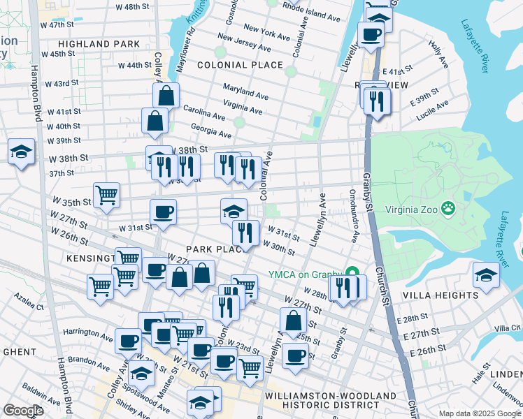 map of restaurants, bars, coffee shops, grocery stores, and more near 501 West 34th Street in Norfolk