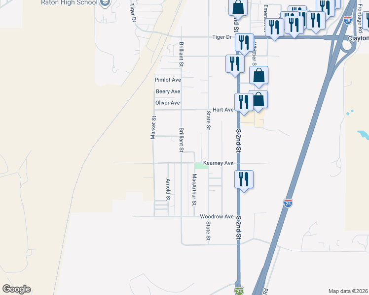 map of restaurants, bars, coffee shops, grocery stores, and more near 1352-1368 Brilliant Street in Raton