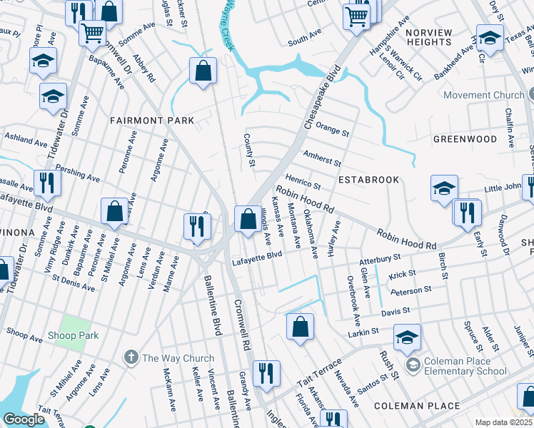 map of restaurants, bars, coffee shops, grocery stores, and more near 3306 Illinois Avenue in Norfolk