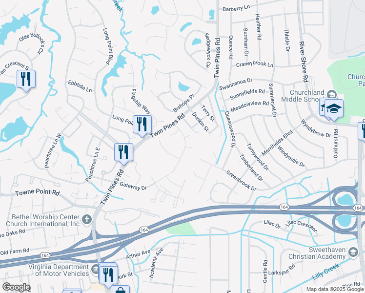 map of restaurants, bars, coffee shops, grocery stores, and more near 3428 Willow Breeze Drive in Portsmouth