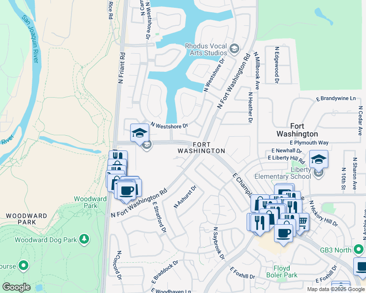 map of restaurants, bars, coffee shops, grocery stores, and more near 651 East Rock Creek Lane in Fresno