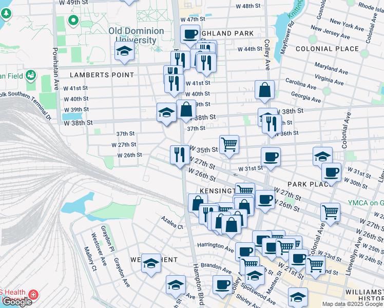 map of restaurants, bars, coffee shops, grocery stores, and more near 1087 West 35th Street in Norfolk