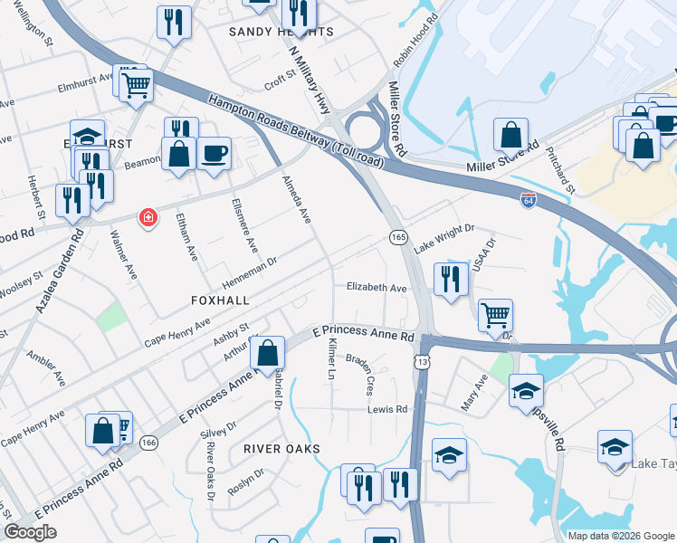map of restaurants, bars, coffee shops, grocery stores, and more near 1544 Kilmer Lane in Norfolk