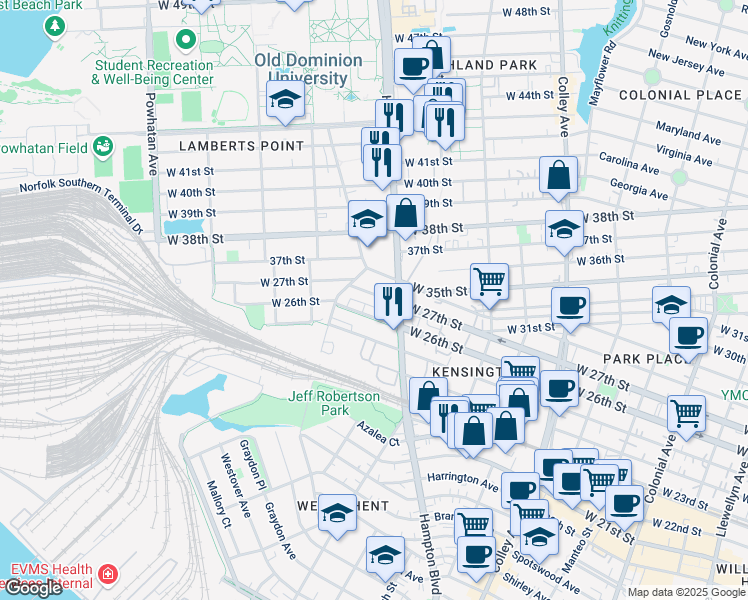 map of restaurants, bars, coffee shops, grocery stores, and more near 1223 West 27th Street in Norfolk