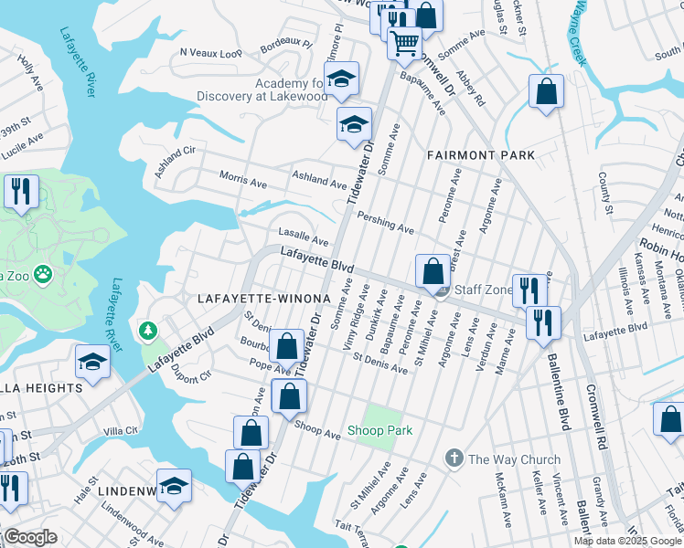 map of restaurants, bars, coffee shops, grocery stores, and more near 1915 Lafayette Boulevard in Norfolk